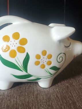 White Ceramic Piggy Bank with Yellow Floral Design